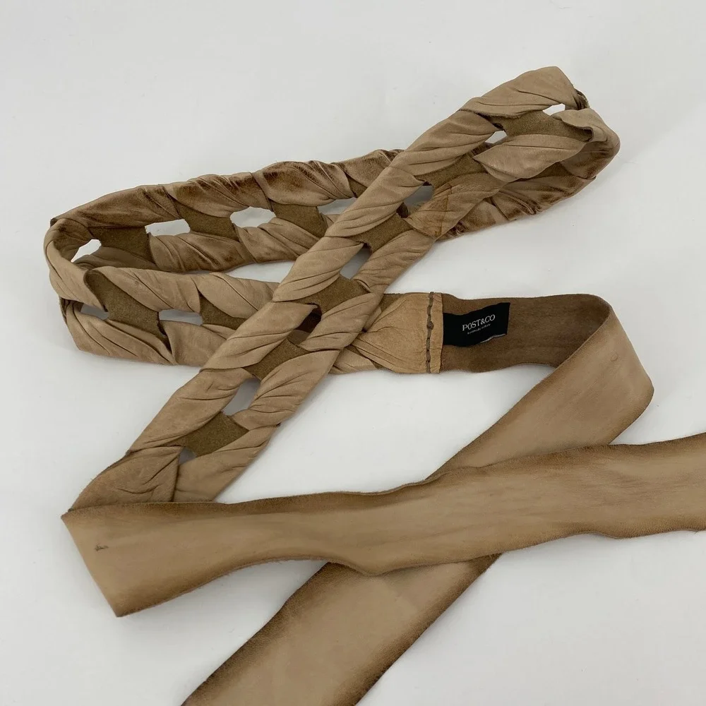 Post & Co Belt Womens OS Tan Handmade Leather Braided Tie Waist